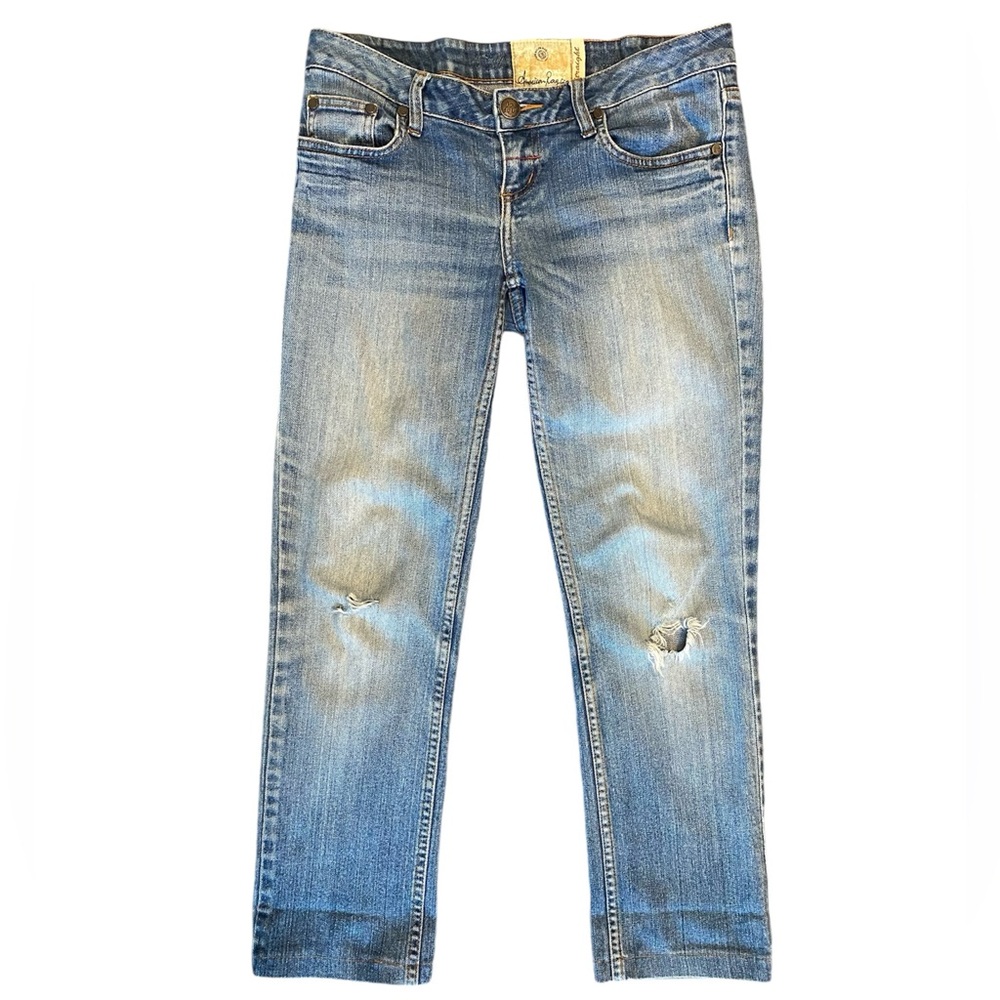 AMERICAN RAG CIE Jeans Junior’s 1 Blu Straight Leg Distressed Knee Holes